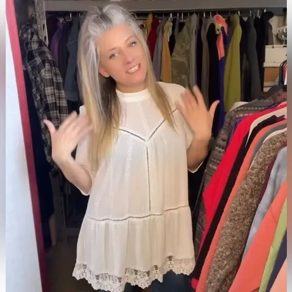 Anthropologie Leith White Lace High Neck Top with Eyelet Cut Outs (Size: Small) - Picture 5 of 16